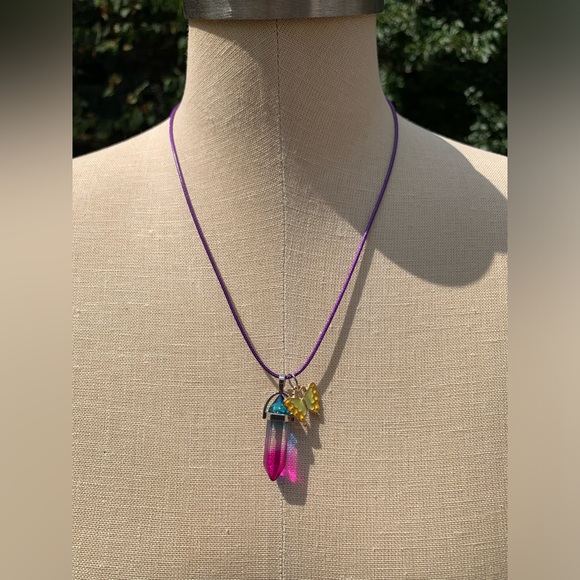 Handmade Cotton Candy Crystal Amulet Necklace & Enamel Butterfly Charm - Picture 4 of 8